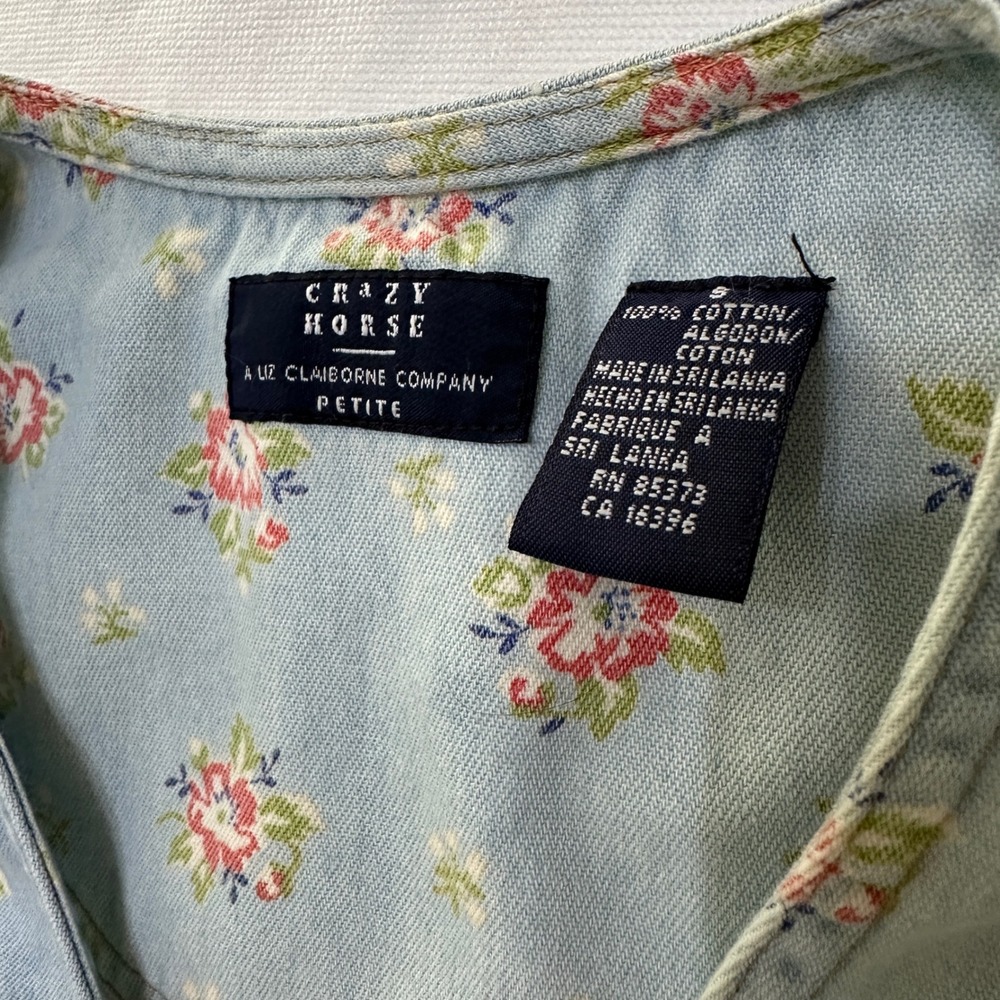 VTG Floral Denim Wrap Midi Dress SP 90s‎ Cottagecore Prairie Boho Ditsy Country - Picture 4 of 10